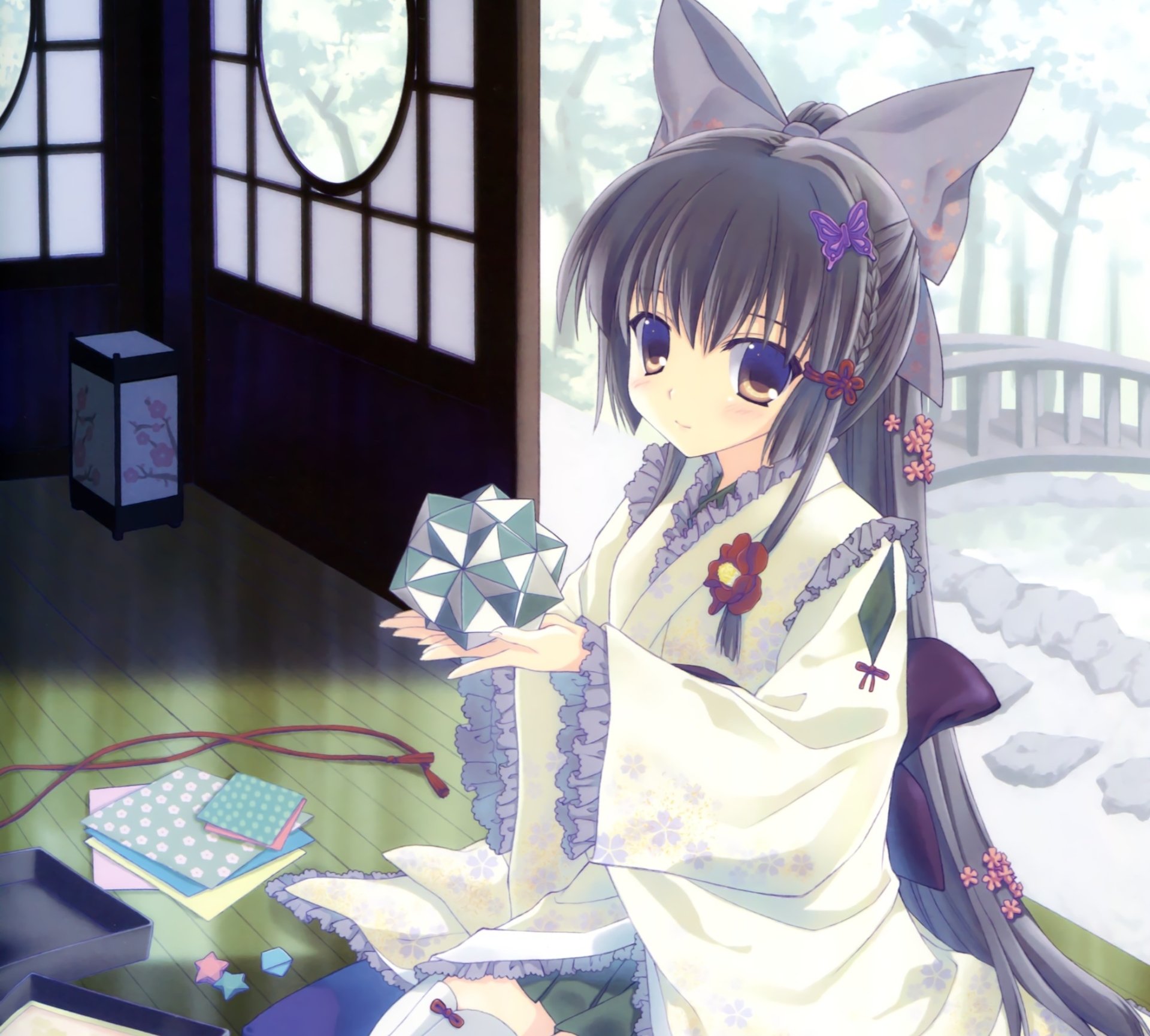 Original anime HD desktop wallpaper: a long black-haired girl in a white kimono with ribbons, holding a faceted crystal inside a traditional room overlooking a snowy garden.
