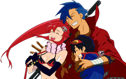 4K Ultra HD PC desktop wallpaper and background featuring Tengen Toppa Gurren Lagann anime characters Yoko Littner, Simon, Kamina and Boota laughing as Kamina embraces them.
