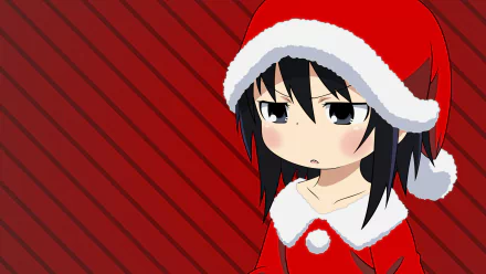 Anime (Mitsudomoe) HD PC desktop wallpaper: shy black-haired girl in a Santa hat and red outfit against a diagonal-striped red background.