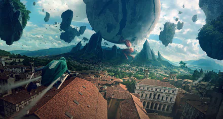 HD desktop wallpaper featuring the Colossal Titan from Attack on Titan anime, set against a detailed, fantastical landscape with floating islands and a sprawling cityscape.