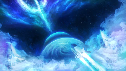Sci-Fi HD desktop wallpaper depicting a space shuttle flying towards a blue planet in a vibrant, cosmic landscape. Background features nebulae, bright stars, and surreal, swirling clouds.