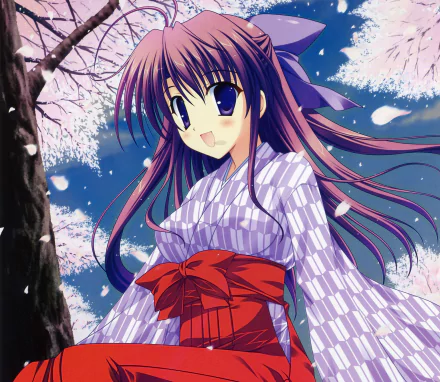 blue eyes tree smile cherry blossom ribbon purple hair ponytail long hair Anime Original HD Desktop Wallpaper | Background Image