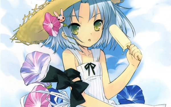 Anime Original Hat Ice Cream Green Eyes Short Hair Flower Blue Hair Ribbon HD Wallpaper | Background Image