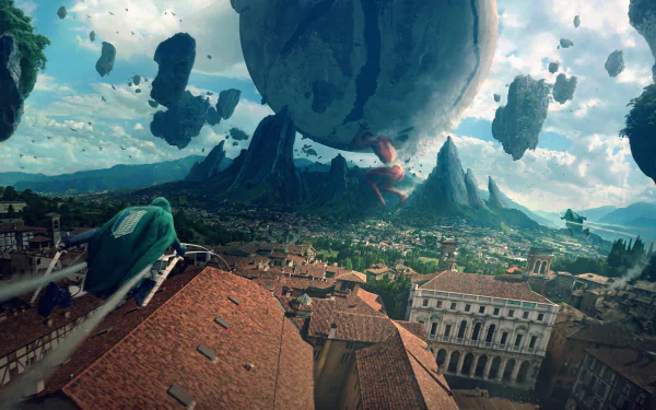 HD desktop wallpaper featuring the Colossal Titan from Attack on Titan anime, set against a detailed, fantastical landscape with floating islands and a sprawling cityscape.