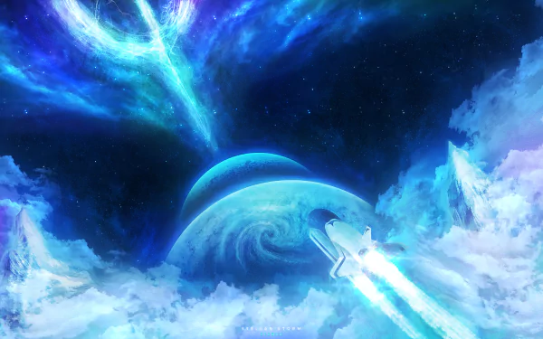 Sci-Fi HD desktop wallpaper depicting a space shuttle flying towards a blue planet in a vibrant, cosmic landscape. Background features nebulae, bright stars, and surreal, swirling clouds.