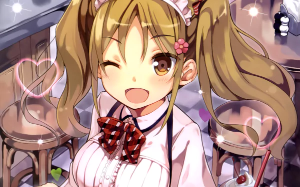 Anime original maid with brown twintails and brown eyes winks, wearing a ribbon and apron in a cozy cafe — 2K Quad HD PC desktop wallpaper/background.