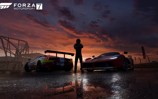 HD Forza Motorsport 7 desktop wallpaper featuring two race cars and a driver silhouetted against a dramatic sunset sky in a video game setting.