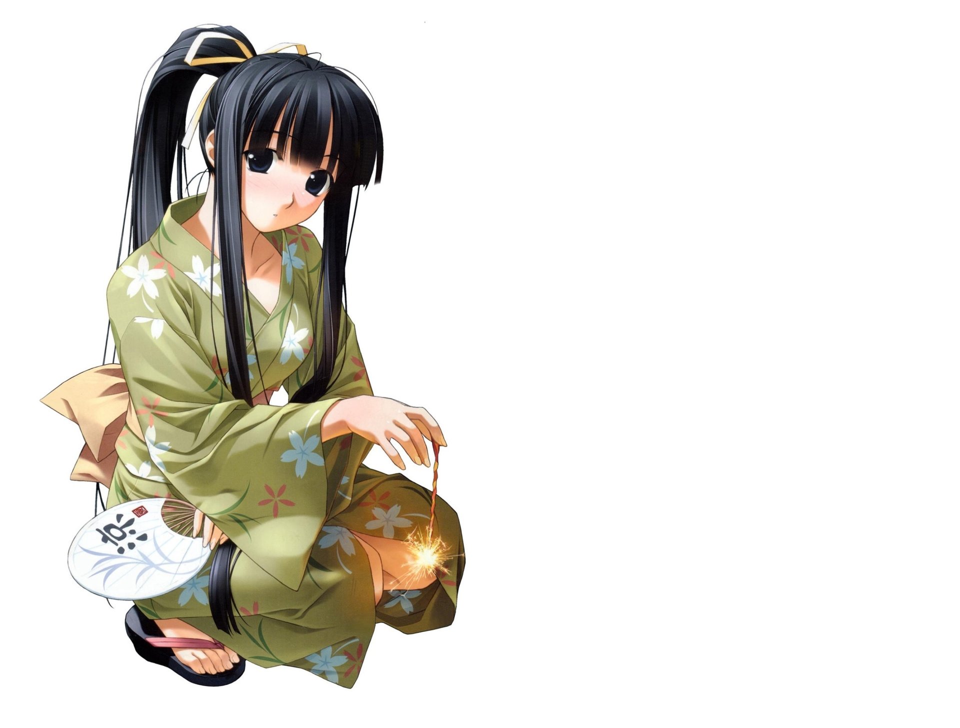 Original anime girl with long black ponytail in a green floral yukata, holding a fan and a sparking firework — 2K Quad HD PC desktop wallpaper background.