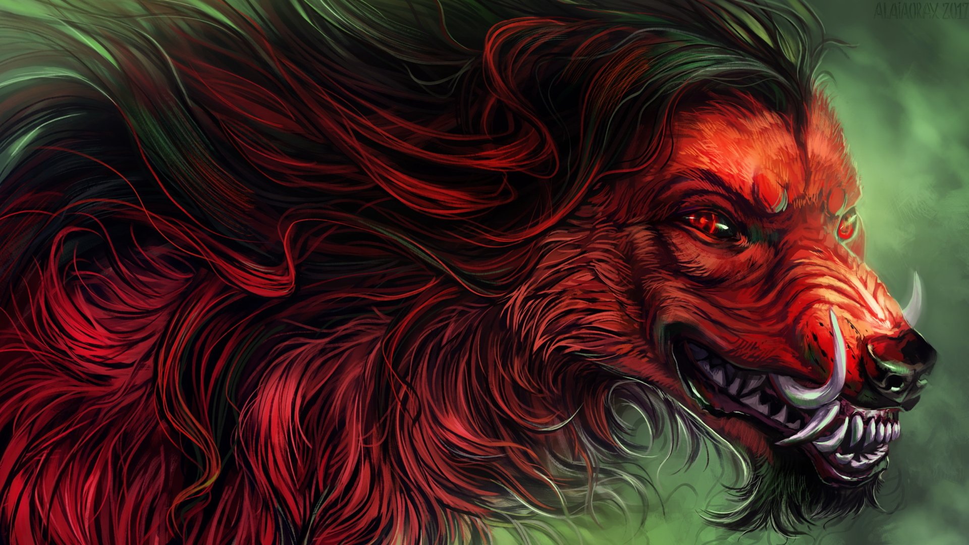HD fantasy desktop wallpaper featuring a fierce red-eyed wolf creature with flowing dark red fur against a misty green background.