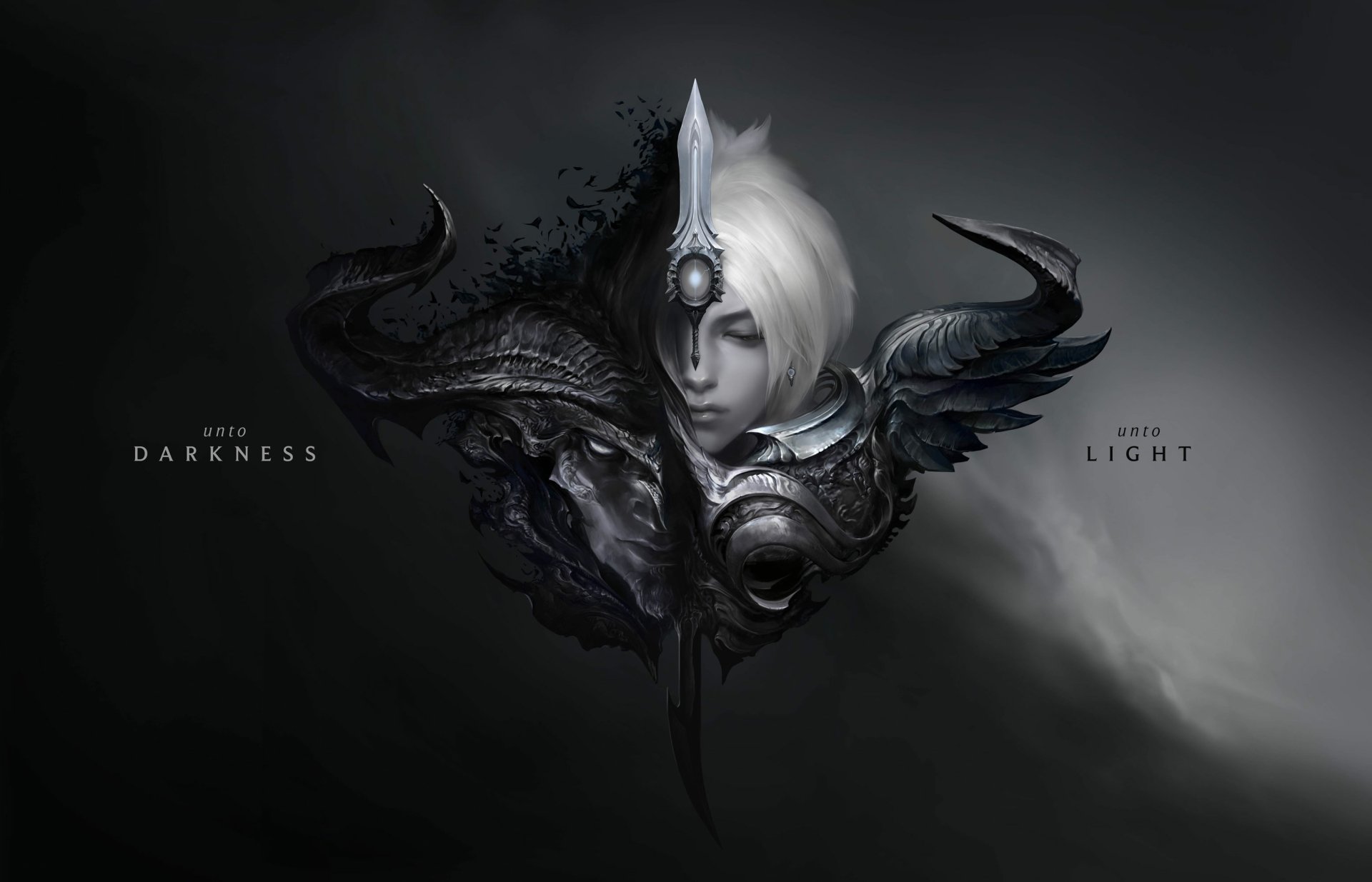 HD desktop wallpaper featuring characters Riven and Yasuo from the video game League of Legends, with a mystical and dark theme. Text reads Into Darkness on the left and Into Light on the right.