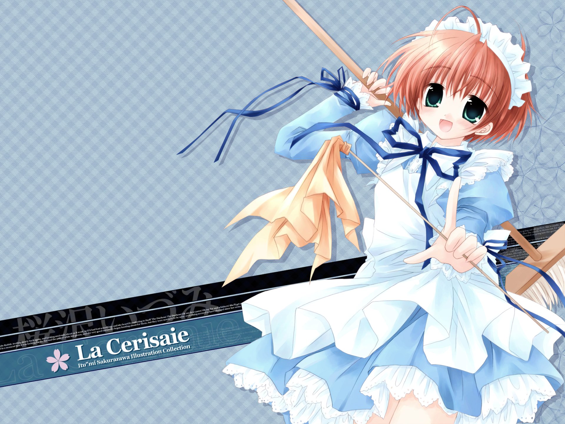 Download Ribbon Blush Brown Hair Green Eyes Broom Short Hair Smile Maid Apron Anime Original HD Wallpaper by Sakurazawa Izumi