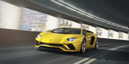 Yellow Lamborghini Aventador S supercar speeding through an urban tunnel, 2K Quad HD PC desktop wallpaper background.