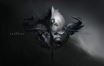 HD desktop wallpaper featuring characters Riven and Yasuo from the video game League of Legends, with a mystical and dark theme. Text reads Into Darkness on the left and Into Light on the right.