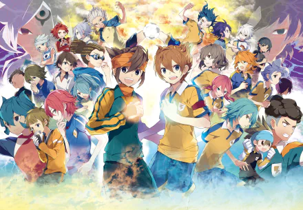 A high-definition desktop wallpaper featuring characters from the anime Inazuma Eleven, displaying an array of colorful and dynamic figures in various poses.