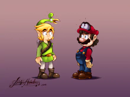 HD PC desktop wallpaper background of Link (The Minish Cap) and Mario (Super Mario Odyssey) standing face-to-face with an Ezlo-inspired leaf on Link's cap, a playful video game crossover.