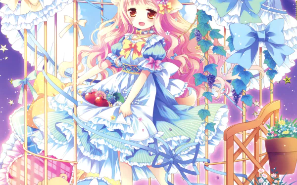 Anime-style HD desktop wallpaper featuring a blushing girl with long hair and a ribbon, wearing an apron, holding apples, surrounded by flowers, a teddy bear, and delicate decor.