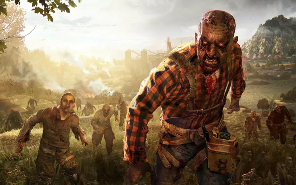 HD desktop wallpaper from Dying Light: The Following featuring a fierce zombie in the foreground with more approaching in a rural setting.