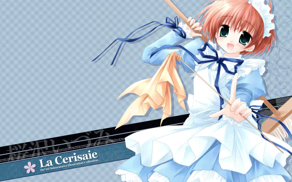 ribbon blush brown hair green eyes broom short hair smile maid apron Anime Original HD Desktop Wallpaper | Background Image