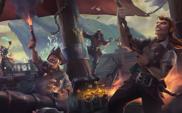 Sea of Thieves pirate crew raids a burning ship, gold chest and torches ablaze — vivid pirate video game scene rendered as a 5K Ultra HD PC desktop wallpaper and background
