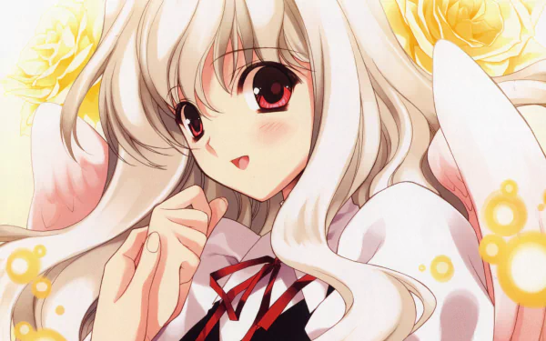 HD PC desktop wallpaper featuring Koishikawa Kohane as a white-haired anime angel with red eyes and soft glowing yellow accents.