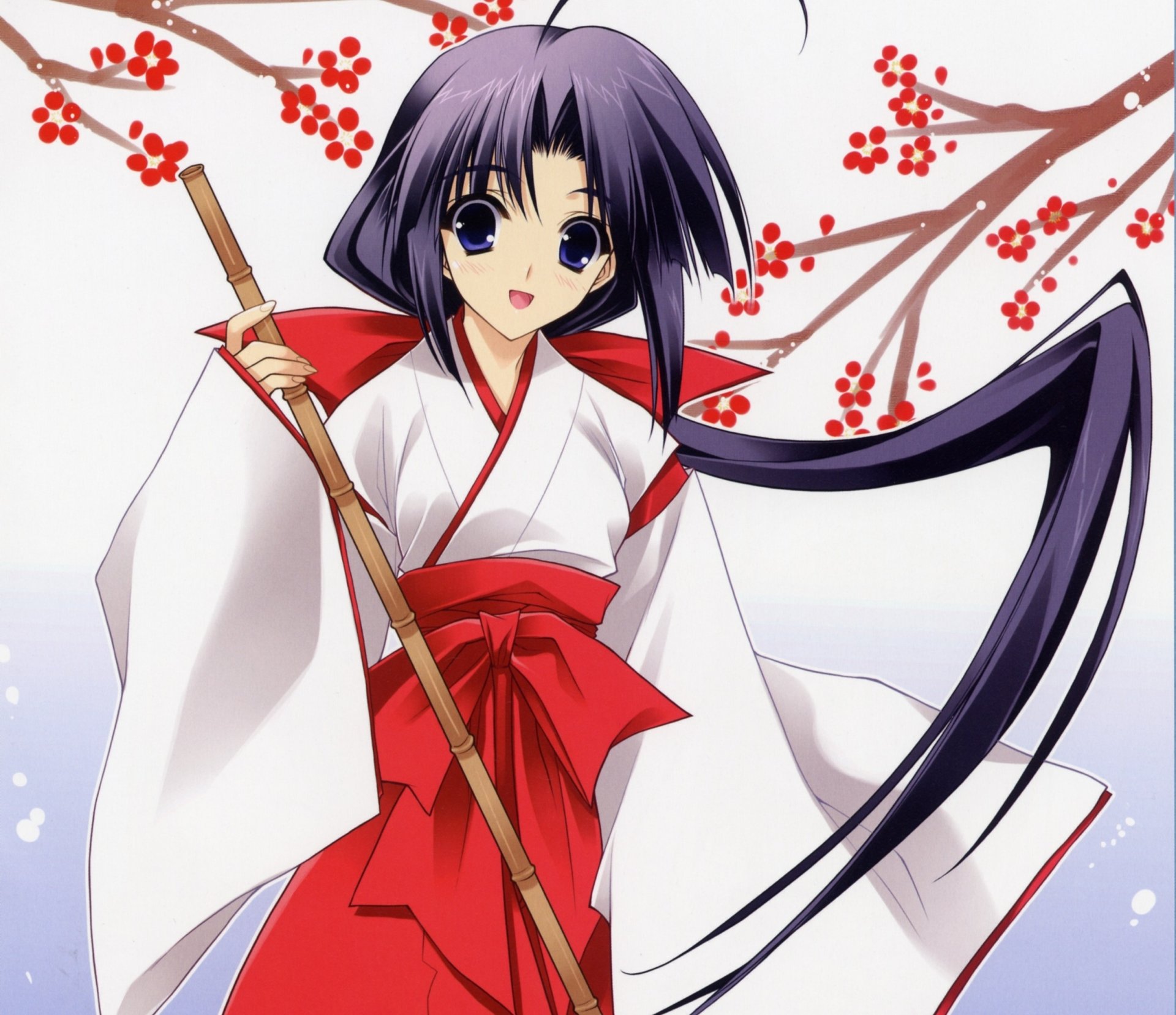 Download Ponytail Blue Eyes Blush Ribbon Smile Black Hair Long Hair Broom Miko Outfit Anime Original HD Wallpaper by Suzuhira Hiro