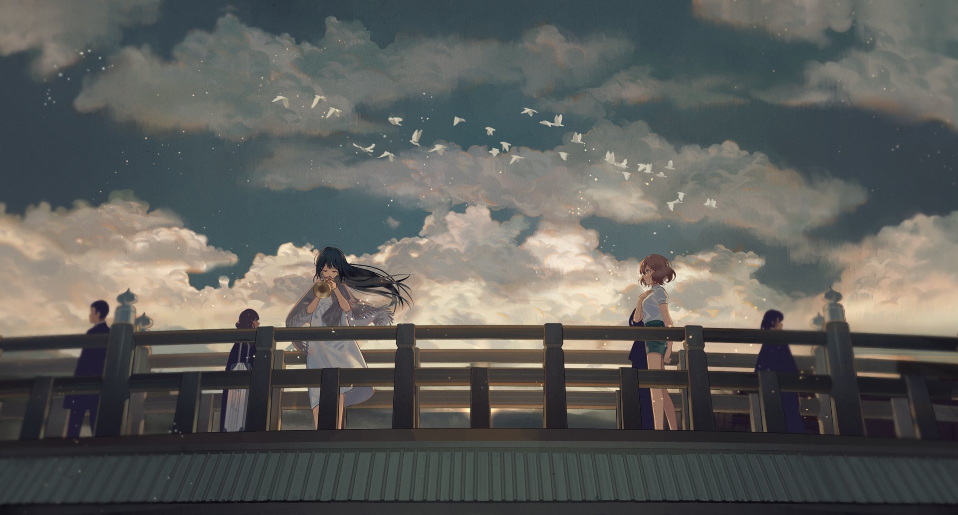 HD PC desktop wallpaper featuring Reina Kousaka and Kumiko Oumae from the anime Sound! Euphonium, standing on a bridge under a dramatic sky with birds flying.