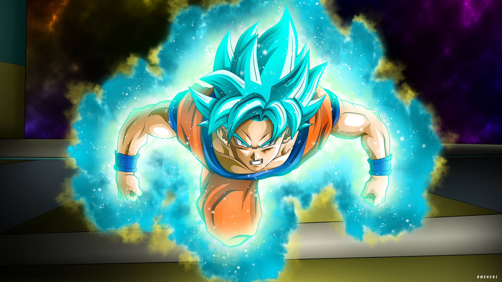 4K Ultra HD desktop wallpaper of Goku from Dragon Ball Super powered up in his blue aura, ready for battle with intense energy against a dark background.