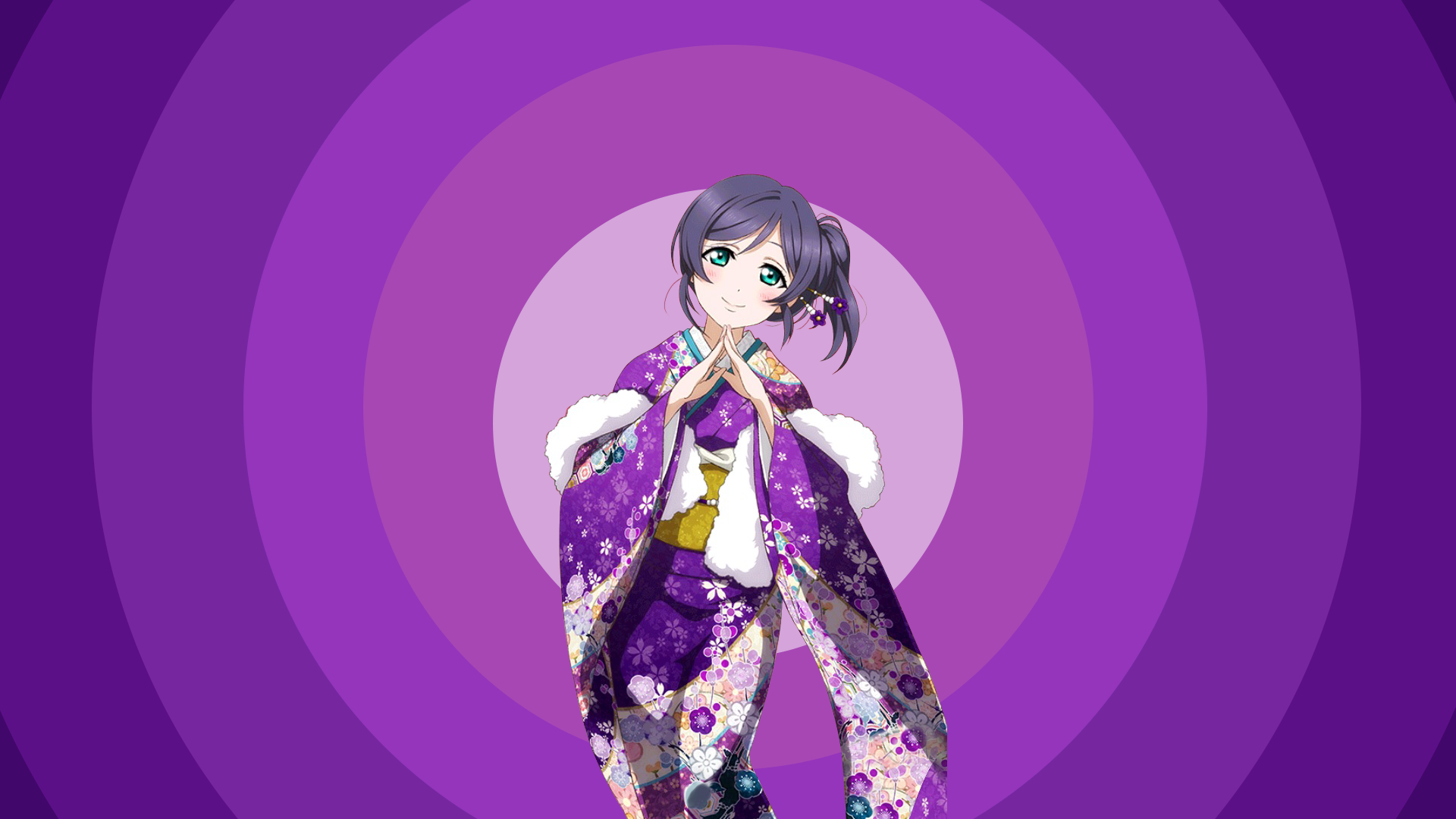 HD PC desktop wallpaper featuring Nozomi Tojo from the anime Love Live!, dressed in a detailed purple kimono against a purple circular gradient background.