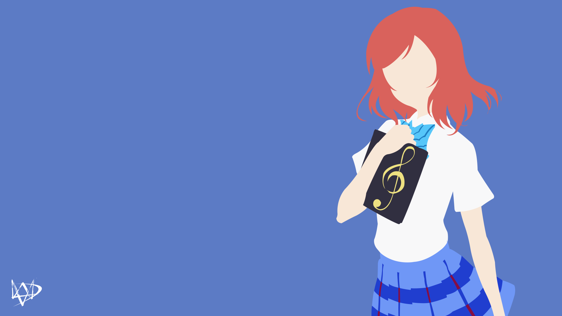 HD anime desktop wallpaper featuring Maki Nishikino from Love Live!, depicted with red hair, school uniform, and holding a music-themed notebook against a blue background.