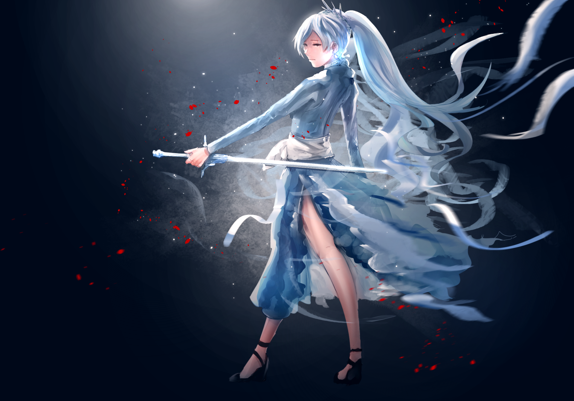 HD PC desktop wallpaper featuring Weiss Schnee from the anime RWBY, depicted with flowing white hair and wielding her sword amid a dynamic, dark, and dramatic background.