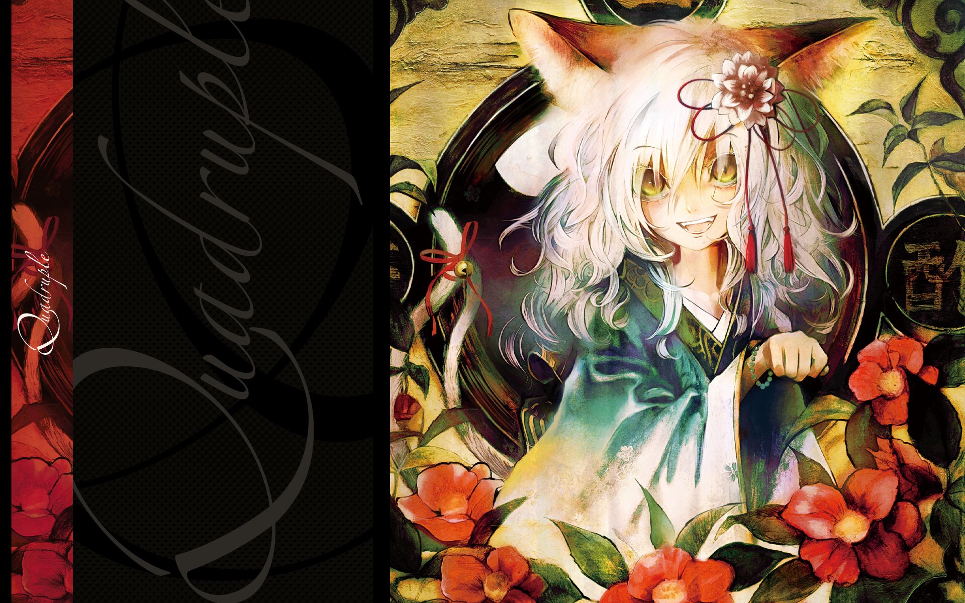 HD PC desktop wallpaper of an original anime cat girl: smiling, long white hair, yellow eyes, cat ears and tail, wearing a floral kimono amid red flowers.