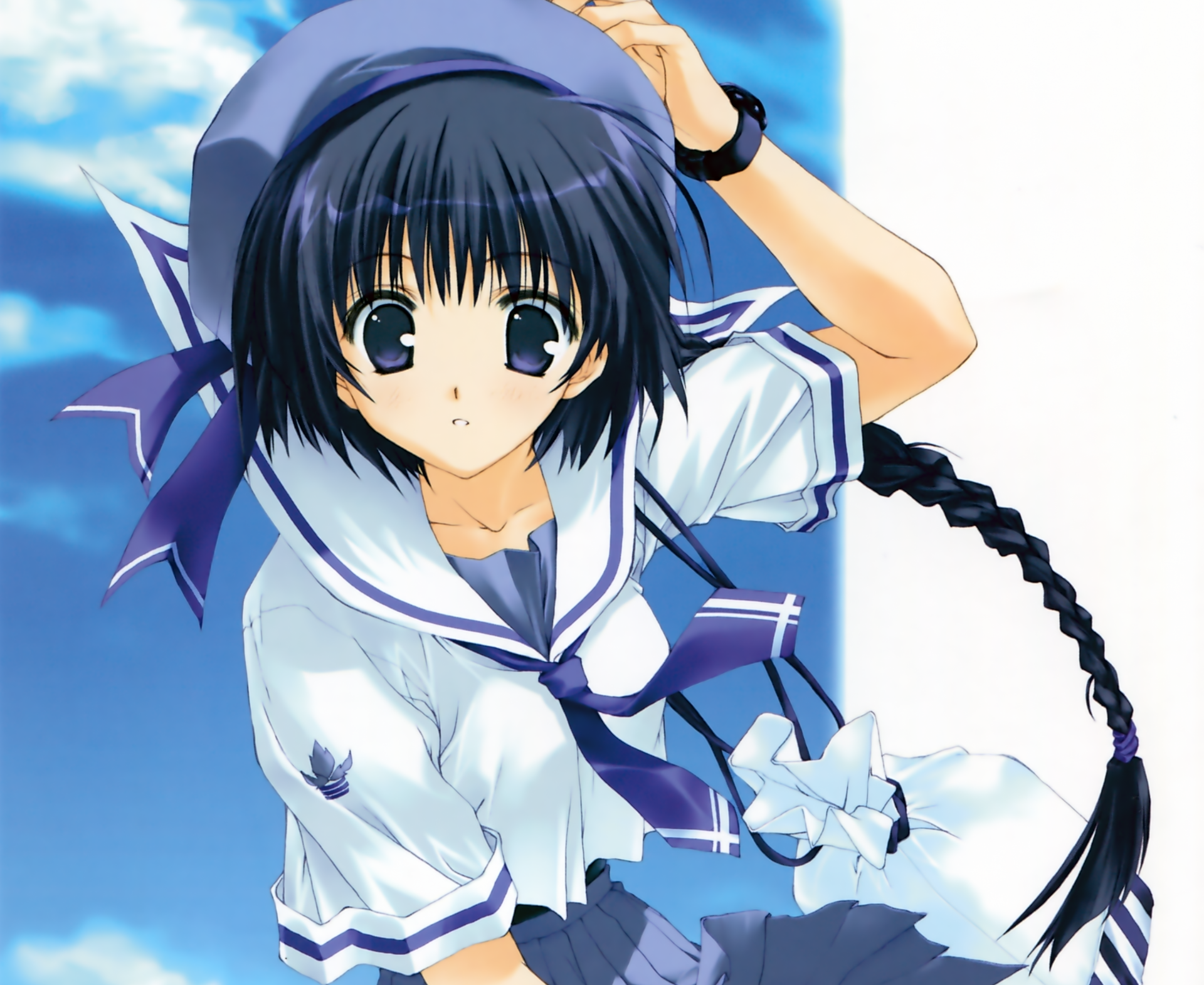 Download Watch Bag Blue Eyes Black Hair Long Hair Braid Hat Anime Original HD Wallpaper by Misato Mitsumi