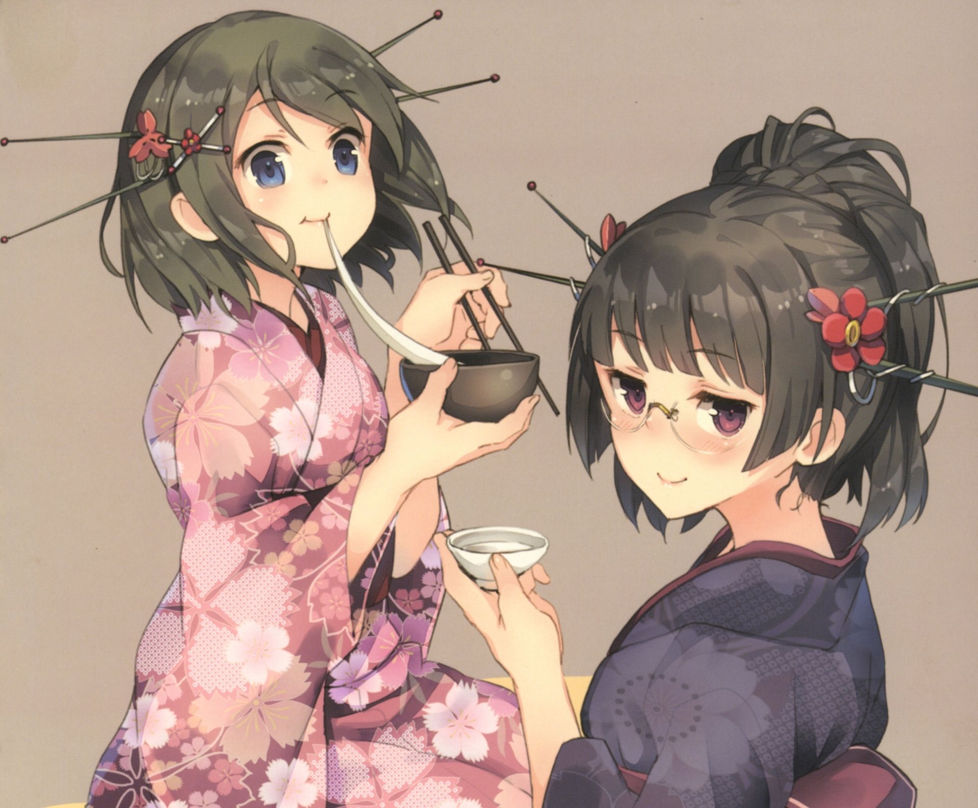 Download Black Hair Flower Chopsticks Purple Eyes Blue Eyes Short Hair Kimono Anime Kantai Collection 4k Ultra HD Wallpaper by Paseri