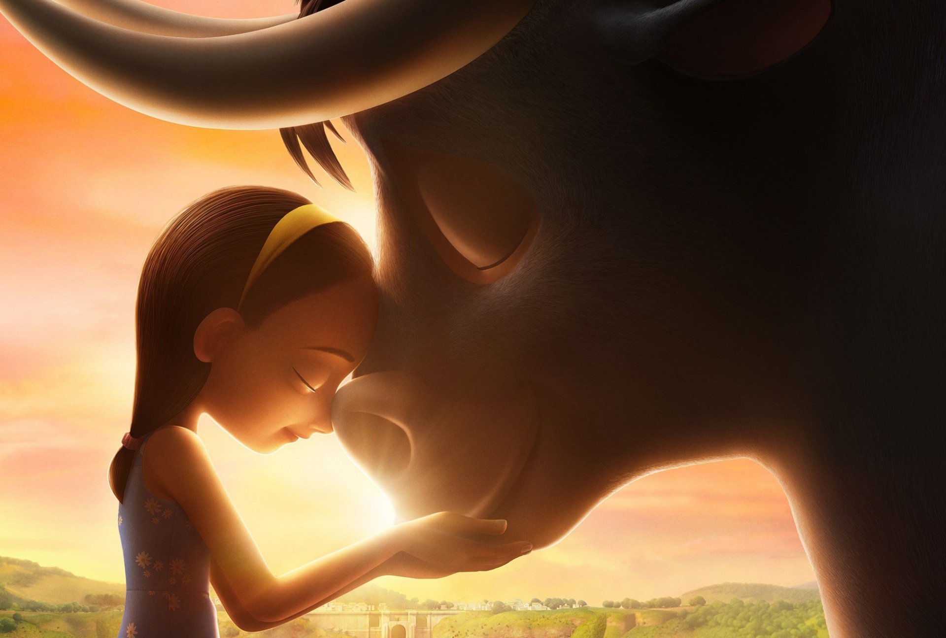 HD PC wallpaper from Ferdinand (movie): a young girl presses her forehead to the gentle bull Ferdinand at sunset, bathed in warm golden light.