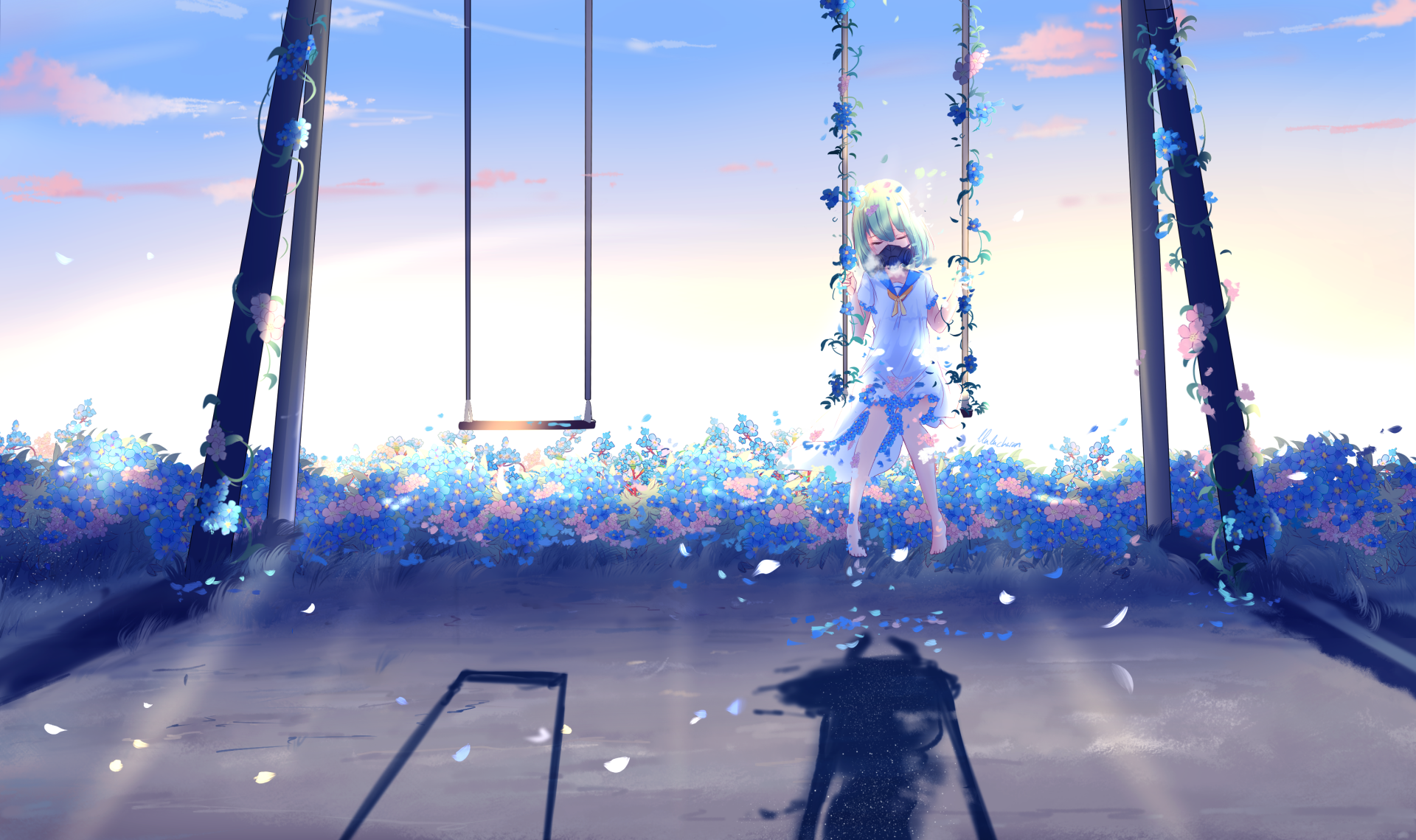 Anime-style HD desktop wallpaper featuring a short-haired girl in a dress standing by a flower-adorned swing under a bright, serene sky.