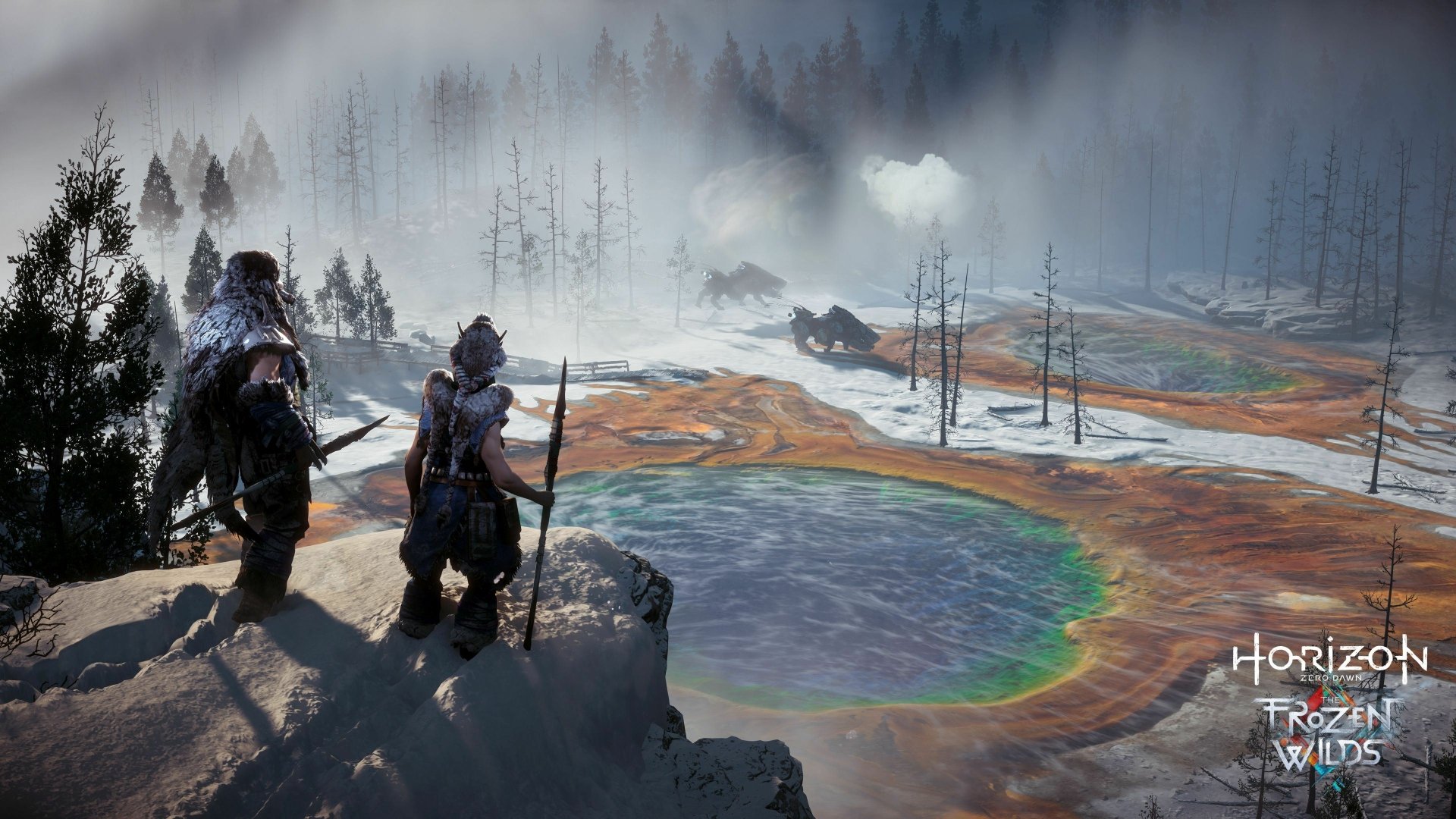 Horizon Zero Dawn: The Frozen Wilds 4K Ultra HD PC wallpaper showing two characters overlooking a misty, icy landscape with geothermal pools and barren trees.