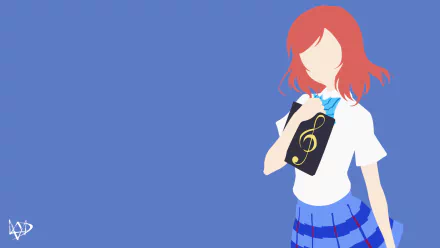 HD anime desktop wallpaper featuring Maki Nishikino from Love Live!, depicted with red hair, school uniform, and holding a music-themed notebook against a blue background.