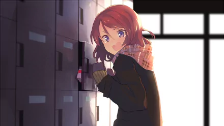 HD PC desktop wallpaper featuring Maki Nishikino from the anime Love Live! standing by lockers with a warm, softly lit background.