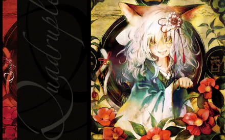 animal ears smile long hair kimono flower white hair yellow eyes tail cat girl Anime Original HD Desktop Wallpaper | Background Image