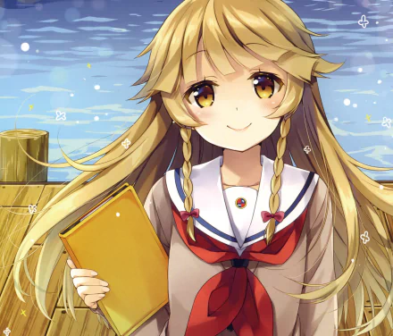 Haifuri Kouko Nosa blush book yellow eyes braid smile blonde long hair Anime High School Fleet HD Desktop Wallpaper | Background Image