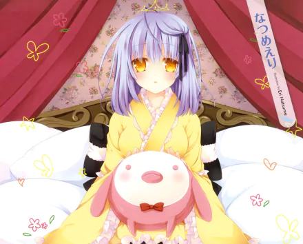 flower blush blue hair yellow eyes crown short hair kimono Anime Original HD Desktop Wallpaper | Background Image