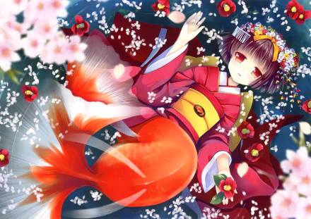 cherry blossom brown hair short hair red eyes flower kimono mermaid Anime Original HD Desktop Wallpaper | Background Image