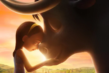 HD PC wallpaper from Ferdinand (movie): a young girl presses her forehead to the gentle bull Ferdinand at sunset, bathed in warm golden light.