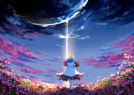An original anime HD desktop wallpaper featuring a short-haired girl in a flowered dress standing under a vibrant sky with planets and glowing light beams.