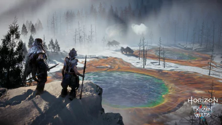 Horizon Zero Dawn: The Frozen Wilds 4K Ultra HD PC wallpaper showing two characters overlooking a misty, icy landscape with geothermal pools and barren trees.