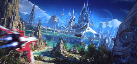 A stunning HD desktop wallpaper featuring a futuristic sci-fi city with sleek buildings by a serene lake, surrounded by rocky terrain and lush vegetation.