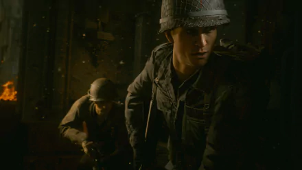 HD desktop wallpaper from Call of Duty: WWII featuring two soldiers in combat gear within a dimly lit war setting.