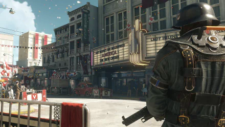 A HD desktop wallpaper featuring a scene from Wolfenstein II: The New Colossus, showcasing a soldier overlooking a vibrant city square filled with banners and decorations.