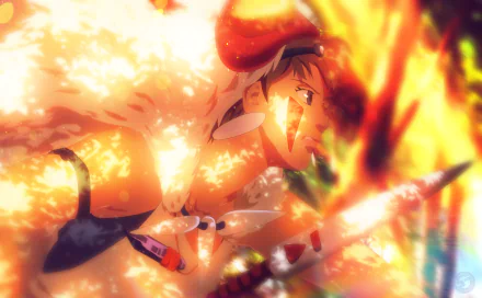 A vibrant HD wallpaper featuring a scene from Studio Ghibli's Princess Mononoke, showcasing a powerful character amidst flames and intense action.