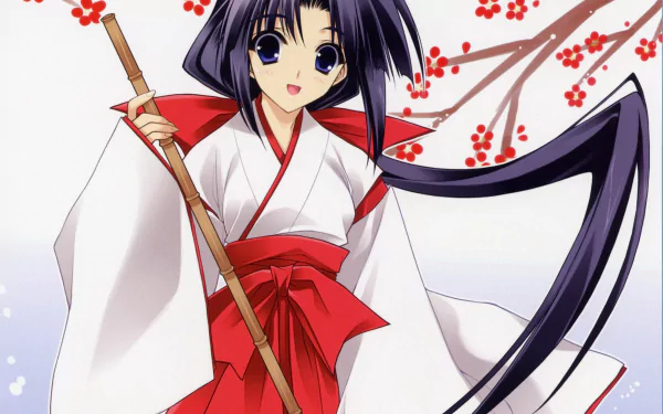 ponytail blue eyes blush ribbon smile black hair long hair broom miko outfit Anime Original HD Desktop Wallpaper | Background Image